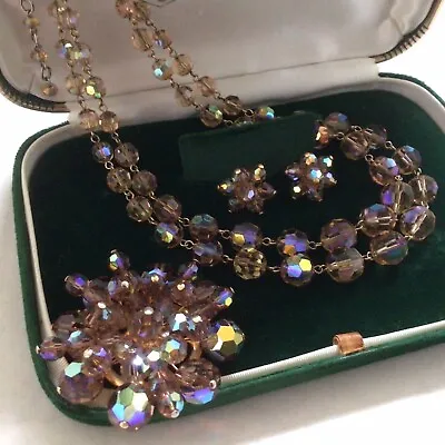 Vintage LADYFAIR Aurora Borealis Crystal Necklace Earrings & Brooch Set • $170