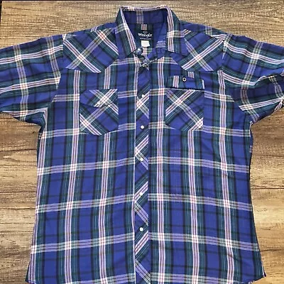 VGT Wrangler Western Shirt Blue Short Sleeve Mens X Large Plaid Pearl Snap! • $15