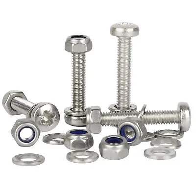 M4 M5 M6 A2 Stainless Steel Pozi Pan Head Machine Screws Nyloc Nuts & Washers • £27.76