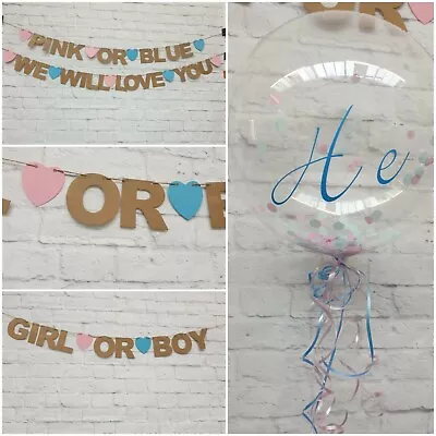 Baby Shower BANNER Boy Girl Pink OR Blue Decorations Bunting GENDER REVEAL Kraft • £4.89