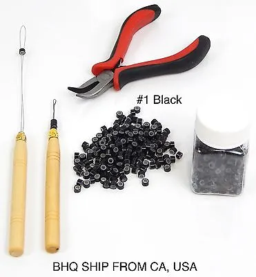 Hair Extension Tool Kit Pliers Loop Hook + 500 Beads Black • $9.99