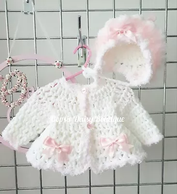 Baby Girls Crochet Pretty Cardigan & Bonnet Sets - Size 0-3mth • £22