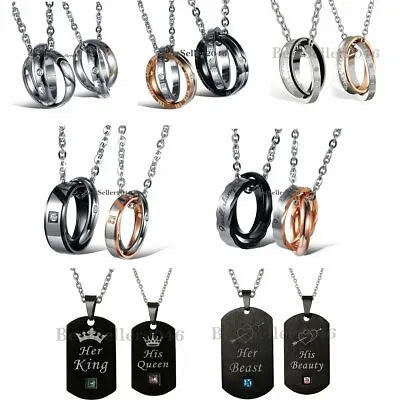 2 Pcs His Hers Couples Matching Pendant Necklace Stainless Steel Ring Chain Gift • $13.24