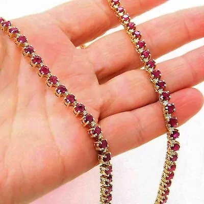 24 Ct Ruby And Diamond Tennis Necklace 16 Inch 14k Yellow Gold Plated • £355.85