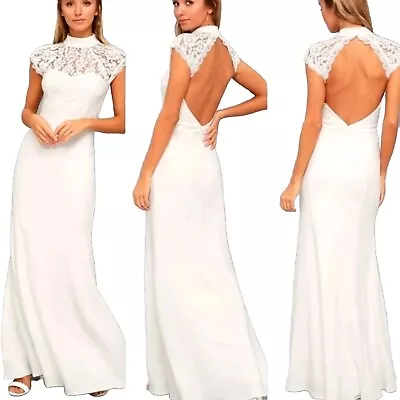 Lulu's Crazy About You High Neck Cap Sleeves Backless Lace Bridal Maxi Dress XS • $59.99