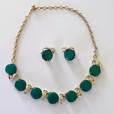 Vtg CORO Gold Tone GREEN Stones & Clear Rhinestones 16  NECKLACE Clip Earrings • $25