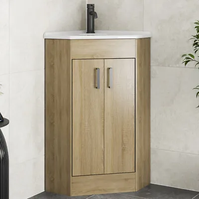 Bathroom Double Door Corner Vanity Unit Basin 1 Tap Hole Freestanding 585mm Oak • £199.97