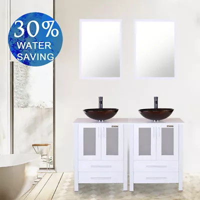 48  Bathroom Vanity Modern White Double Vessel Glass Sink Cabinet W/ Mirror Set • $689.98