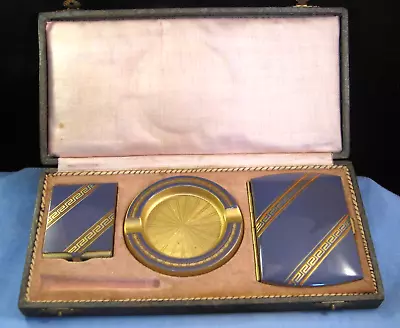 Antique Art Deco Enamel Smokers Set Cigarette Case Matchbook Holder Ashtray Box • $27.35