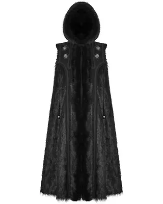 Punk Rave Mens Gothic Cloak Coat Black Faux Fur Hooded Steampunk Knight GOT LARP • $340.42