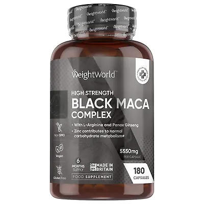 Black Maca - 180 Capsules - 5550mg High Dose - Zinc Ginseng L Arginine - Vegan • £14.99