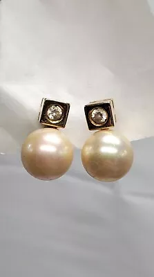 MAJORICA STERLING SILVER GOLD OVERLAY FAUX 12mm PEARL & CZ OMEGA BACK EARRINGS • $39.99