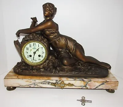 Antique French S. Marti Statue Posing Lady Bronze & Marble Mantel Clock 8-Day • $775