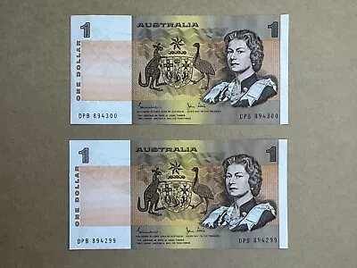 1982 $1 Johnston Stone Australian Banknotes - DPB Prefix - Consecutive Pair • $15
