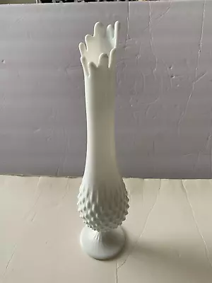 Vintage Fenton Milk Glass Hobnail Vase White Swung Pedestal Stretch 14  Tall • $30