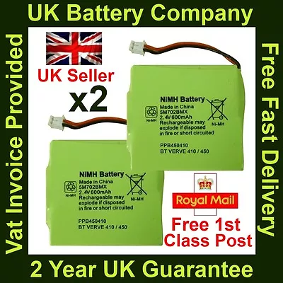 £7.95 • Buy 2 X BT Verve 410/450 Twin Cordless Phone Batteries NiMH 2.4V 600mAh GP 5M702BMX