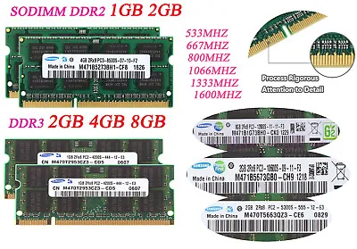 £7.19 • Buy Samsung 8GB 2GB 4GB 8 GB DDR3 DDR2 5300 6400 10600 12800 Laptop Memory RAM Lot
