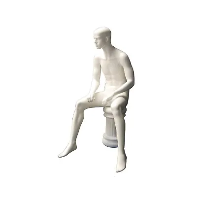 Adult Male Matte White Egg Head Fiberglass Seated Mannequin With Stool • $325