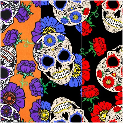 Polycotton Fabric Halloween Flower Floral Sugar Skull Day Of The Dead • £1.50