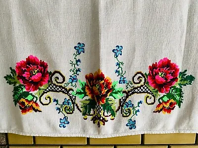 Vintage Cafe Curtain Hand Embroidered Valance Cross Stitch Floral Cotton Fabric • $35