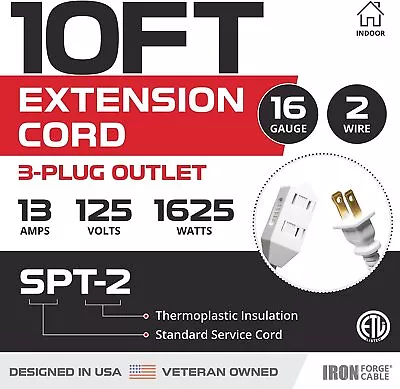 10 Ft White Extension Cord 2 Pack - 16/2 Durable Electrical Cable • $14.99