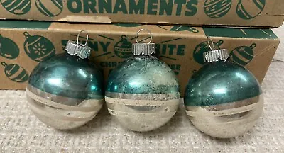 Vintage 3 Small Shiny Brite Glass Christmas Tree Ornaments  ~ Teal Green Striped • $24