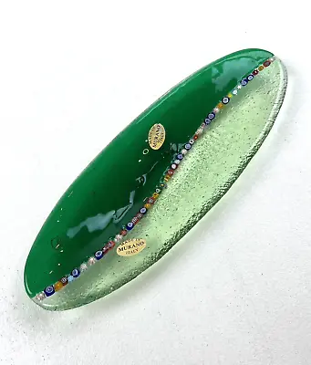 Murano Art Glass 10.5  Long Narrow Green Millefiori Dish Plate Two-Toned Labeled • $69