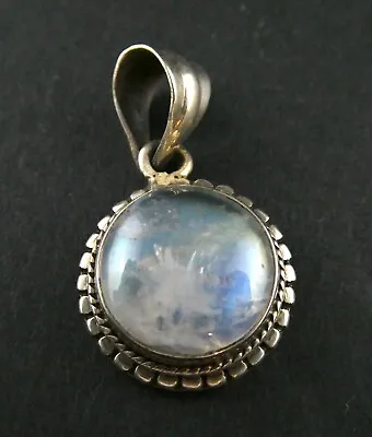 Sterling Silver Rainbow Moonstone Circle Cabochon Pendant 925 5.8g 1 Inch Long • $59.50