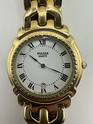 Vintage Pulsar Watch Men 35mm Gold Tone Date V729-6020 New Battery 7.5  Z • $24.99