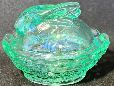 Blue Green Vaseline Uranium Glass Bunny Rabbit On Nest Basket / Easter Egg Salt • $14.99