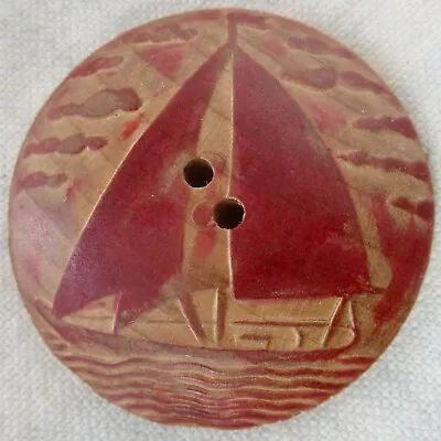 1 11/16  Vintage Pressed Wood Sew-Thru Button W Painted Sailboat Image • $1.99