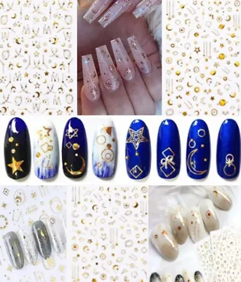 Nail Stickers Self Adhesive Gold Foil Moons Stars Design Shapes Nail Decals • £2.99