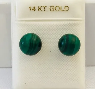 Solid 14K Gold Natural Green Malachite 8 Mm Ball Stud Earrings NEW • $27.95
