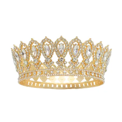 Vintage Crystal Full Round Gold King Crown Medieval Men's / Queen Metal Crown • $21.98