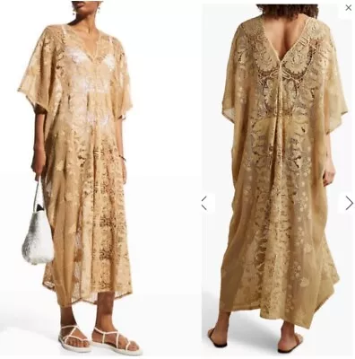 $600 Miguelina Women's Beige Caftan Linen Floral Lace Dress Size S • $175