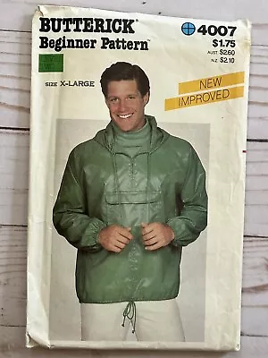 Butterick 4007 Mens Pullover Jacket Windbreaker Pattern Easy 1980s Size XL • $4