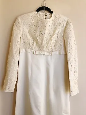 Vtg Women's 60s 70s Ivory Maxi Dress 1960s Long Gown Lace & Satin Sz S/M Wedding • $54.99