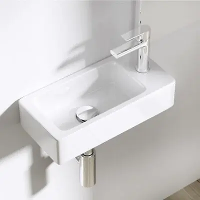 Cloakroom Wash Basin Sink Ceramic Compact Wall Hung RH Tap Hole Waste Trap 370mm • £38.35