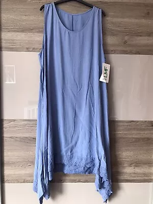 Made In Italy Long Line Vest Dress Lace Hem Lagenlook Boho 14-18 Hi Lo Pockets • £13.99