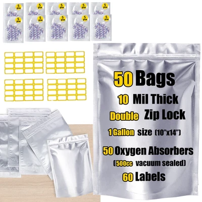 $26.99 • Buy Smell Proof, Resealable 50pcs Mylar Bags 10 Mil Thick W/ Oxygen Absorber 500cc