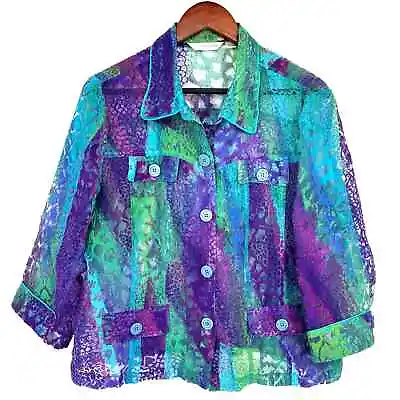 Erin London Size Large Vibrant Blue Purple Jacket Blouse Shirt Top Sheer Artsy • $28.62