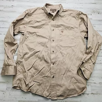 Ariat Button Up Shirt Mens MED Beige Solid Khaki Twill Workwear Button Up • $16.99