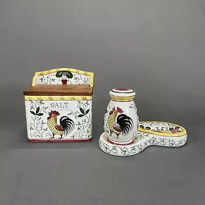 Ucagco Early Provincial Roosters And Roses Salt Box Spoon Rest And Shaker Farm • $49.99