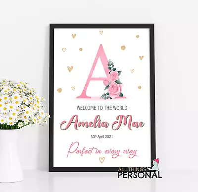£4.99 • Buy Personalised New Baby Girl Gift Welcome Print Christening Present Pink Floral 