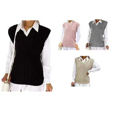 Ladies Cable Knit V Neck Sleeveless Vest Women's Knitted Jumper Tank Top Winter • £12.99