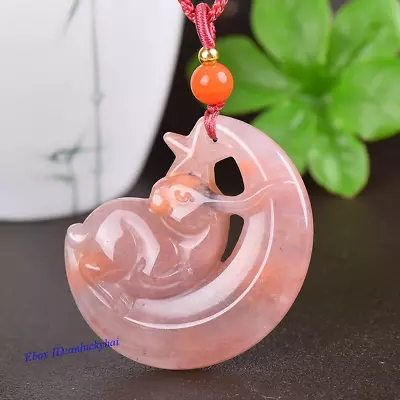 100%Pure Natural Ice Pink Jade Hand Carve Rabbit Moon Star Necklace Pendant Gift • $19.99