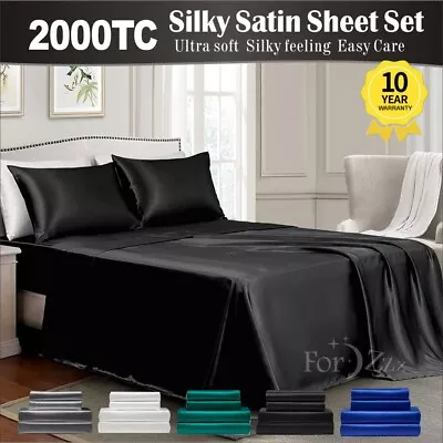 Smooth 2000TC Silk Satin Flat Fitted Bed Sheet Set Single Queen Super King Bed • $12.91