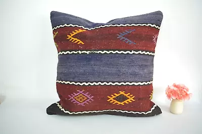 Blue Turkish Handmade Decor Pillow Cover 20x20in Antique Red Kilim Pillow • $42