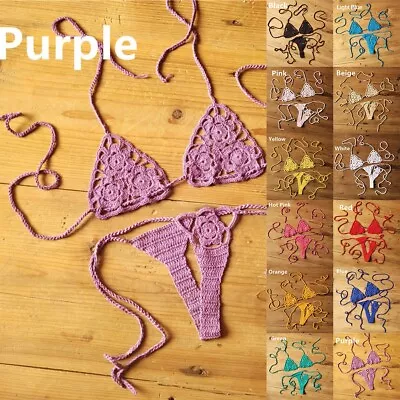 G String Lace Up Thong Crochet Bikini Set Sexy Swimsuit Beach Swimwear • £9.56