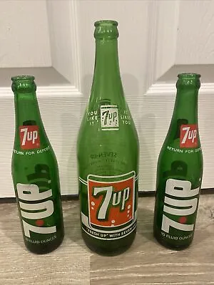 Vintage Green 7up Glass Soda Bottles Lot Of 3 - 1 Is 28 Oz & 2 Are 10 Oz. • $99.95
